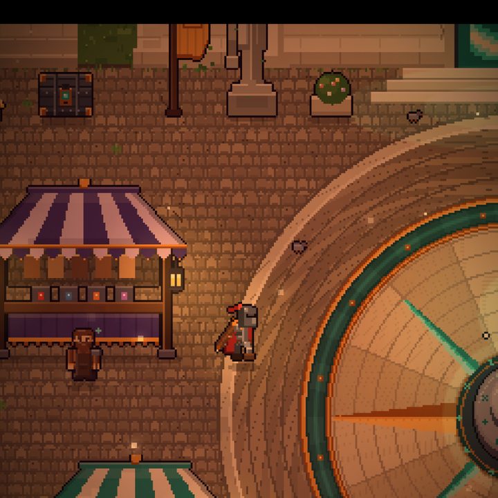 The town square of Valdren with market stalls and the rune compass
